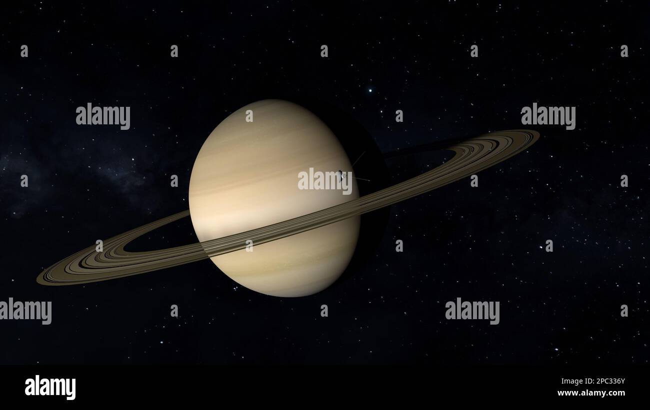 Space probe approaching planet Saturn. 3D illustration. Stock Photo