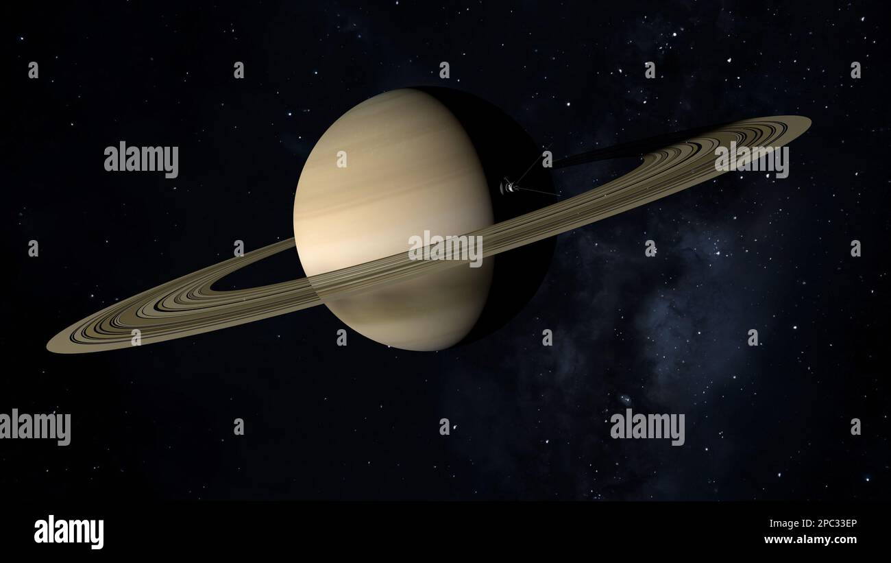 Space probe approaching planet Saturn. 3D illustration. Stock Photo