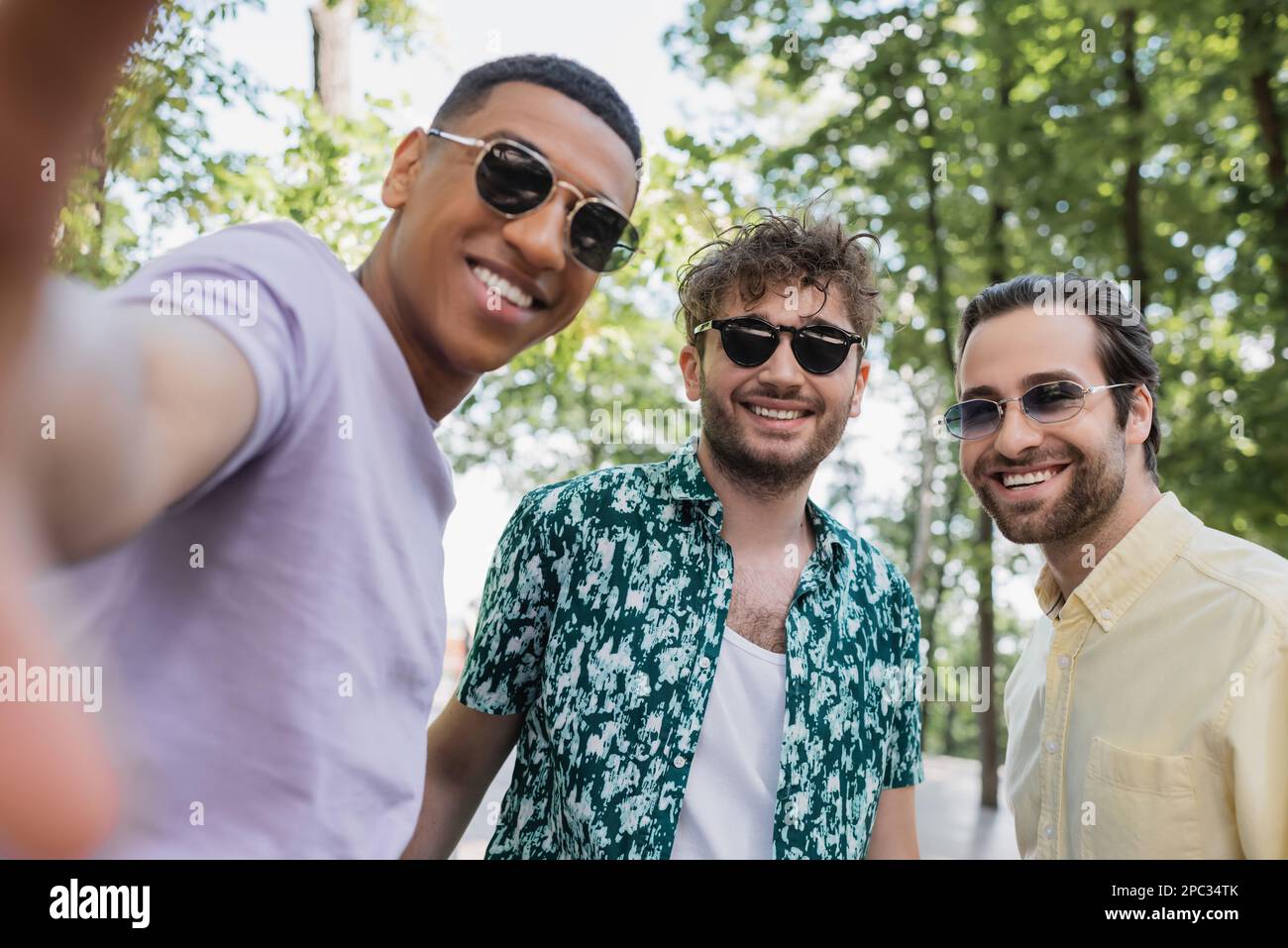 Cheerful multiethnic friends in sunglasses standing in park in summer,stock image Stock Photo