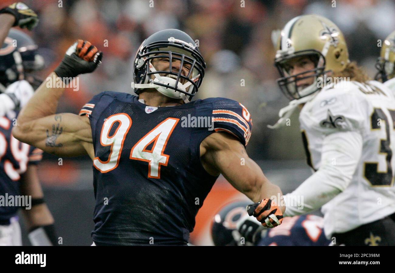 Chicago Bears linebacker Brendon Ayanbadejo (94) celebrates a fumble  recovery during the second quarter of the NFC championship football game  against the New Orleans Saints, Sunday, Jan. 21, 2007, in Chicago. (AP