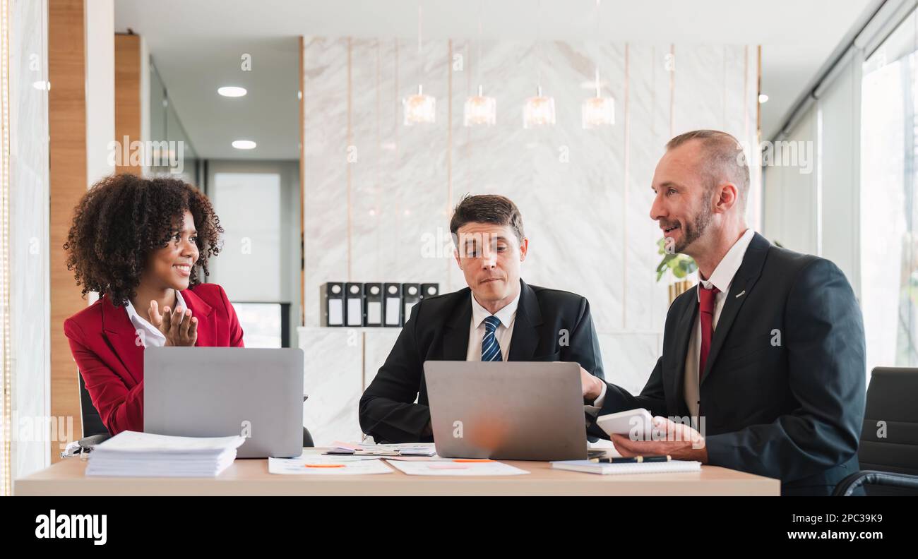 Business team Diverse colleagues gather brainstorm discuss financial ...