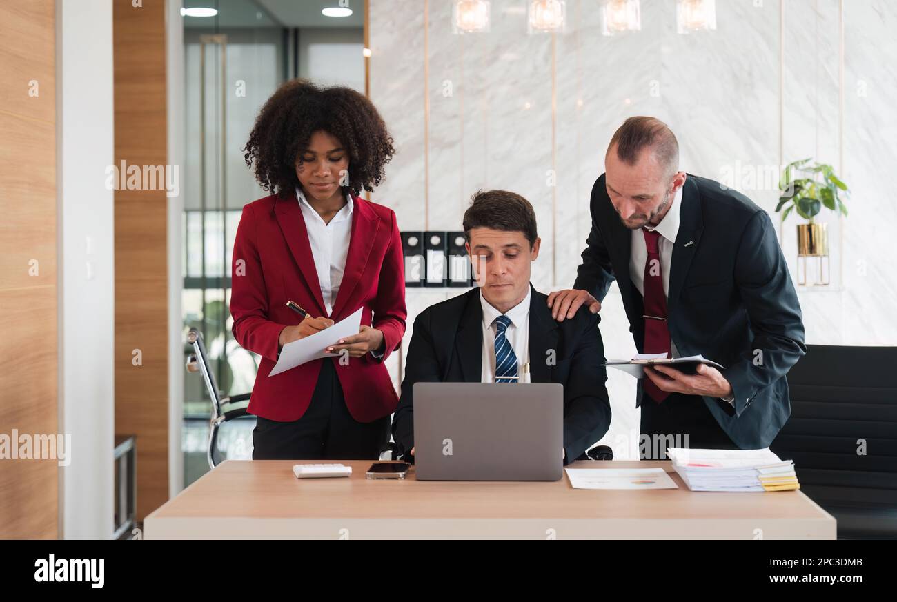 Business team Diverse colleagues gather brainstorm discuss financial ...