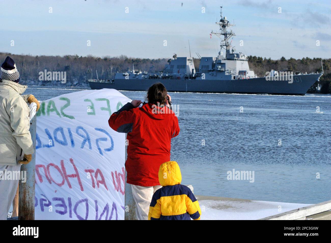 Gridley Sign Jennifer Stundahl and her 3-year-old son Aiden watch as the USS Gridley ...