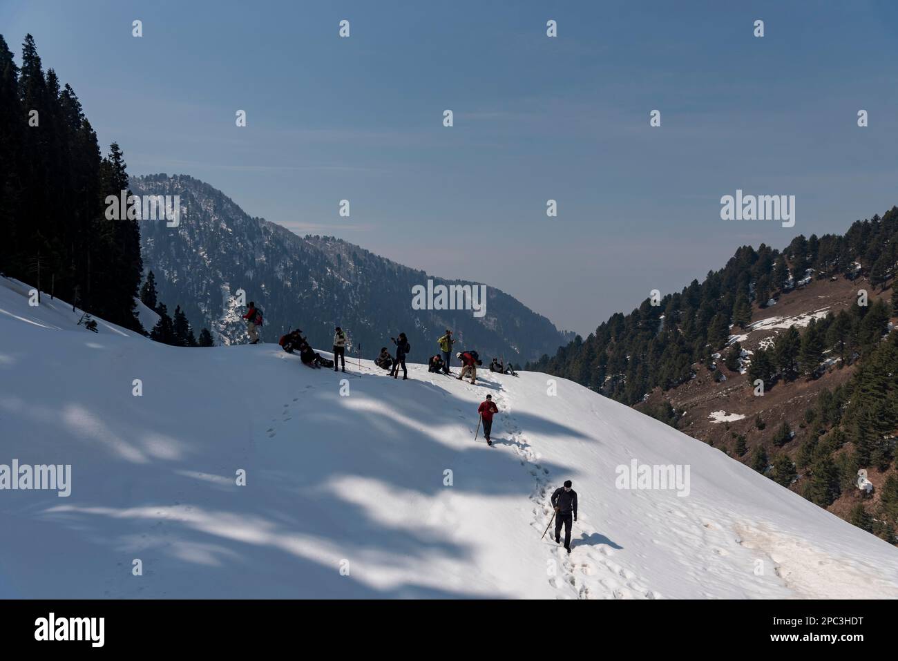 Trekkers are seen enroute their way through a snow covered mountain during a sunny day at Bubjen at an elevation of 2985 m in mountains of Himalayas. The Zabarwan Range is a short sub-mountain range between Pir Panjal and Great Himalayan Range in the central part of the Kashmir Valley. The highest peak of Zabarwan Mountain Range is Mahadev Peak at 13,013 feet (3,966 m). The Zabarwan Range has crystalline rocks such as granite, schists and phyllites with embedded lime stone, which form the core of its parent range. Moreover Zabarwan Mountain Range possesses great Himalayan Mountain Range with r Stock Photo