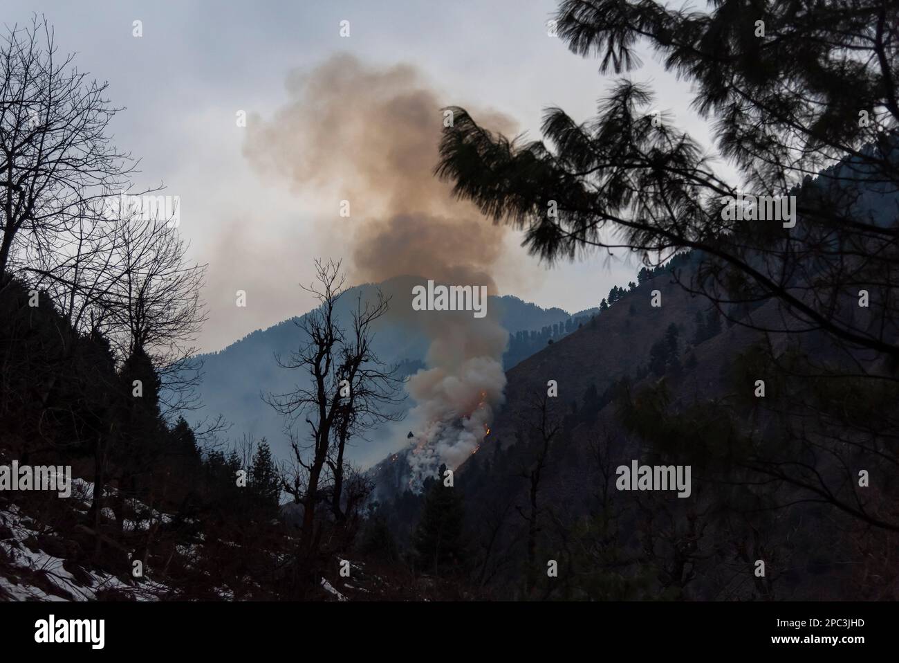 A mountain is seen engulfed in fire at Bubjen in the mountains of Himalayas. The Zabarwan Range is a short sub-mountain range between Pir Panjal and Great Himalayan Range in the central part of the Kashmir Valley. The highest peak of Zabarwan Mountain Range is Mahadev Peak at 13,013 feet (3,966 m). The Zabarwan Range has crystalline rocks such as granite, schists and phyllites with embedded lime stone, which form the core of its parent range. Moreover Zabarwan Mountain Range possesses great Himalayan Mountain Range with rich wildlife. (Photo by Idrees Abbas/SOPA Images/Sipa USA) Stock Photo