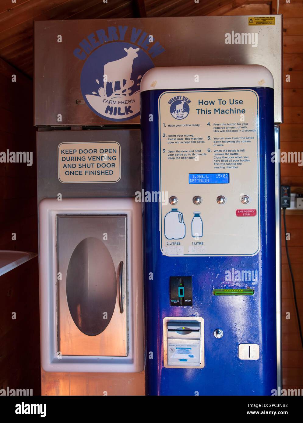 A fresh milk vending machine on a dairy farm means the farm get a decent payment for their milk by cutting out the supermarkets. Stock Photo