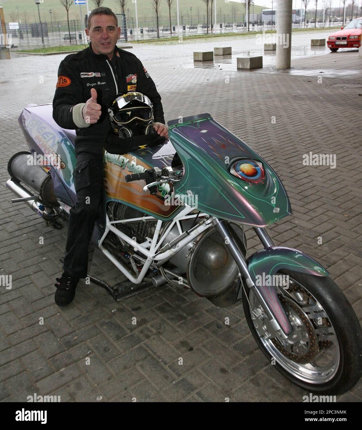 Gerd Habermann posiert am Donnerstag, 18. Jan. 2007, in Magdeburg auf  seinem Motorrad mit Jet-Antrieb. Das Jet-Bike auf Basis einer Harley  Davidson wird von einer Hubschrauber-Turbine mit einer Leistung von 3.500 PS