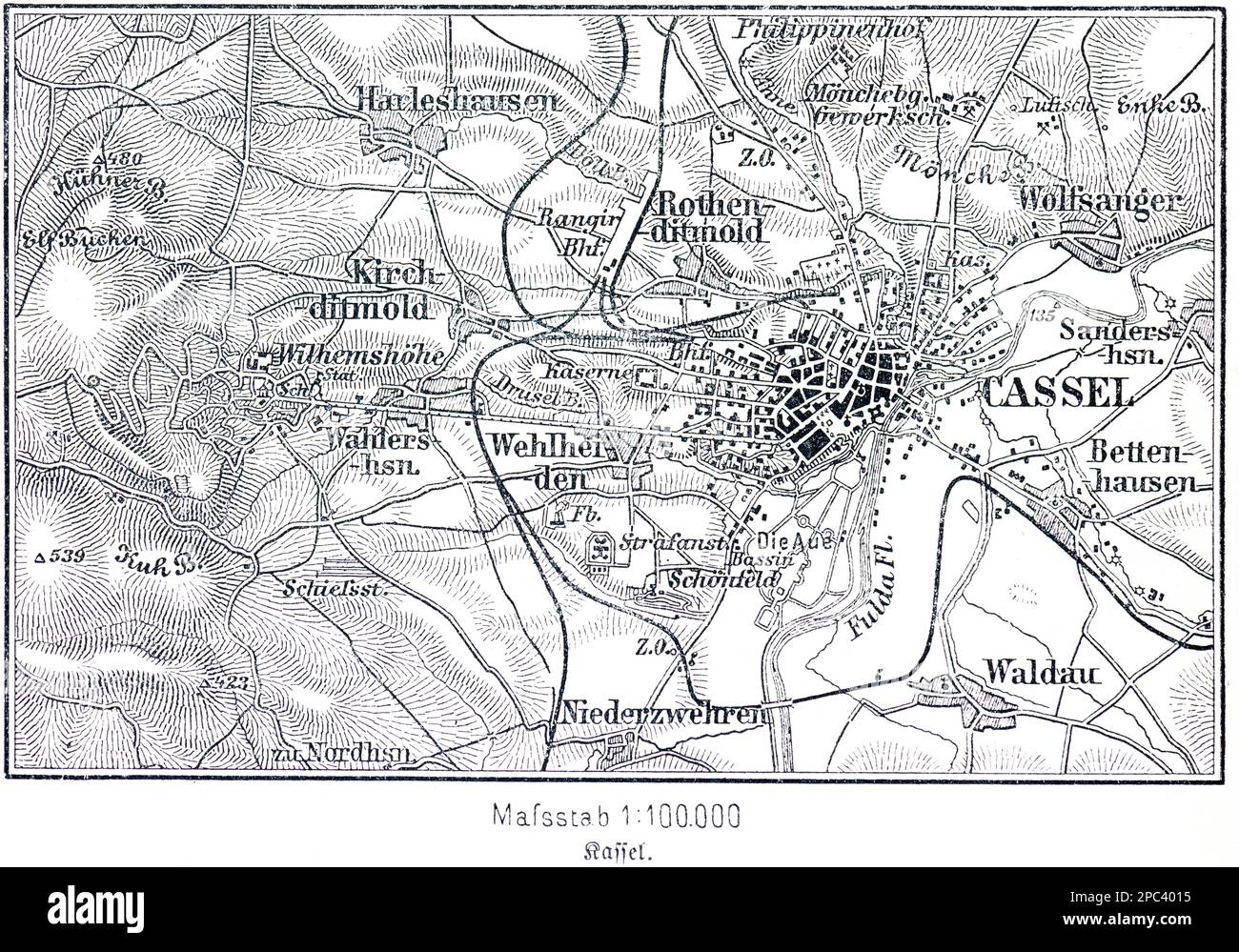 City map of cassel on the Fulda and its surroundings, Cassel, Hesse, Germany, Central Europe Stock Photo