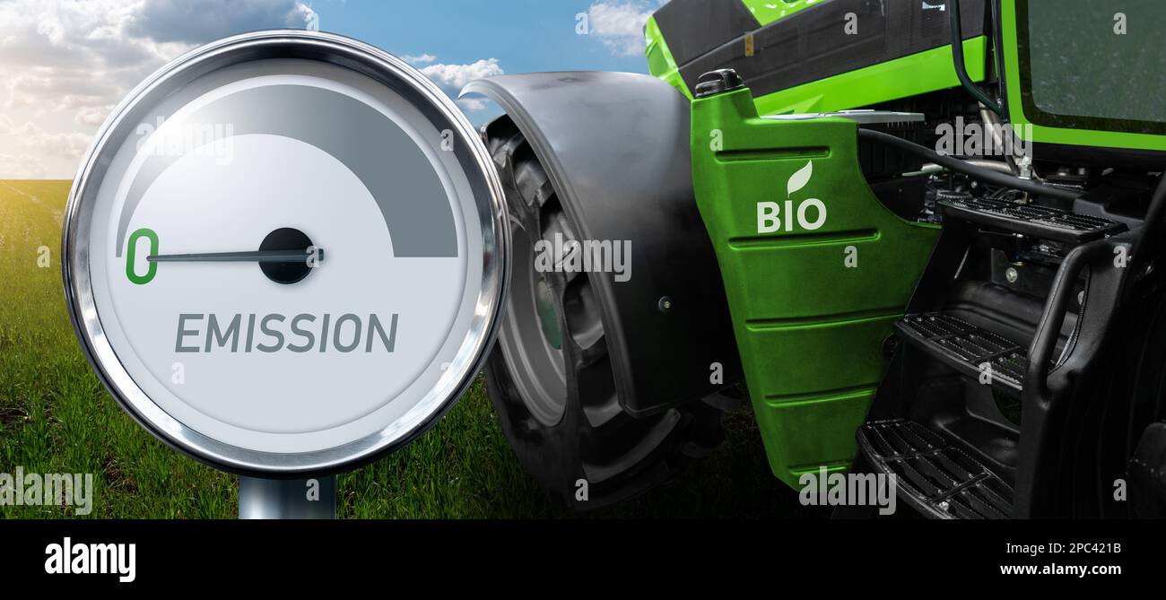 Agricultural tractor powered by biofuel. Gauge with inscription EMISSION. Arrow points to zero