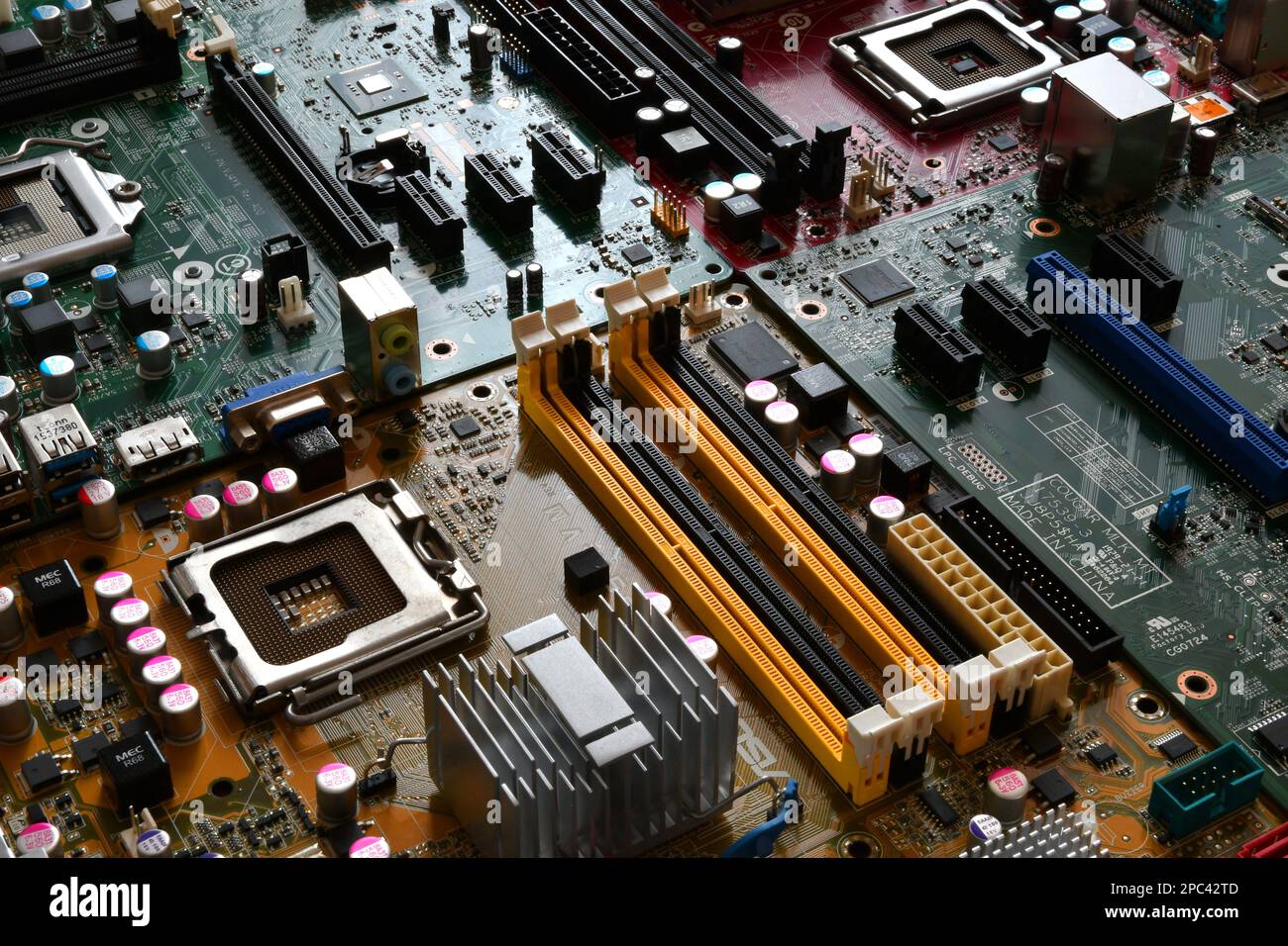 Detail of Modern computer motherboards. High tech technology background