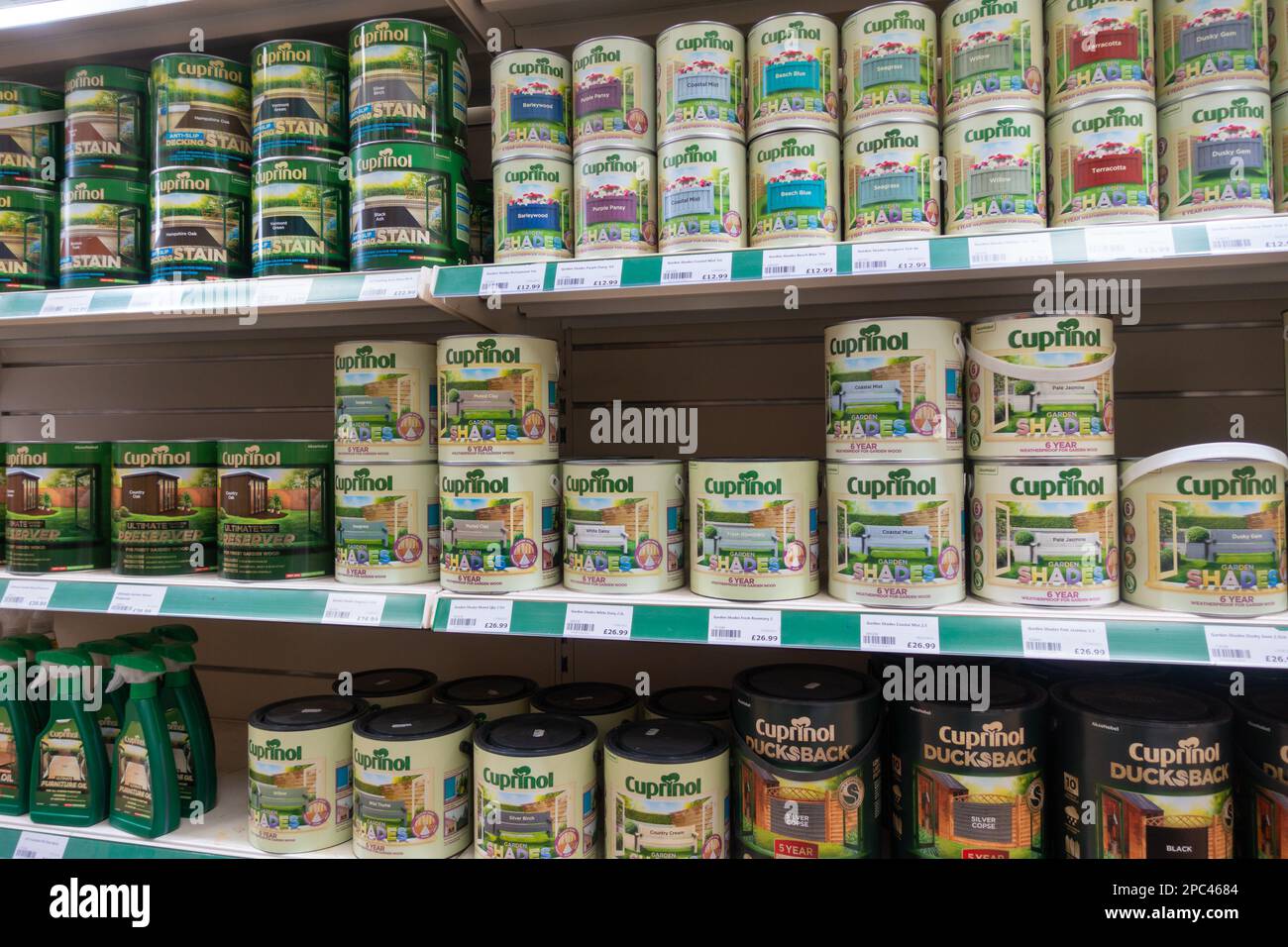 Garden fence paint on display at a garden centre, ashford, kent, uk Stock Photo