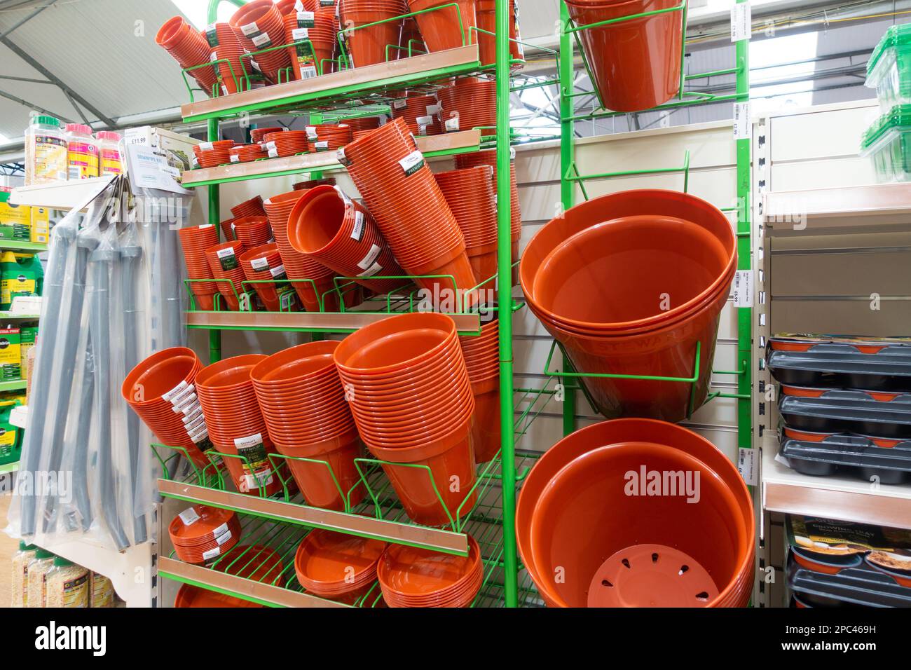 Round plastic potting pots on display at a garden centre, ashford, kent