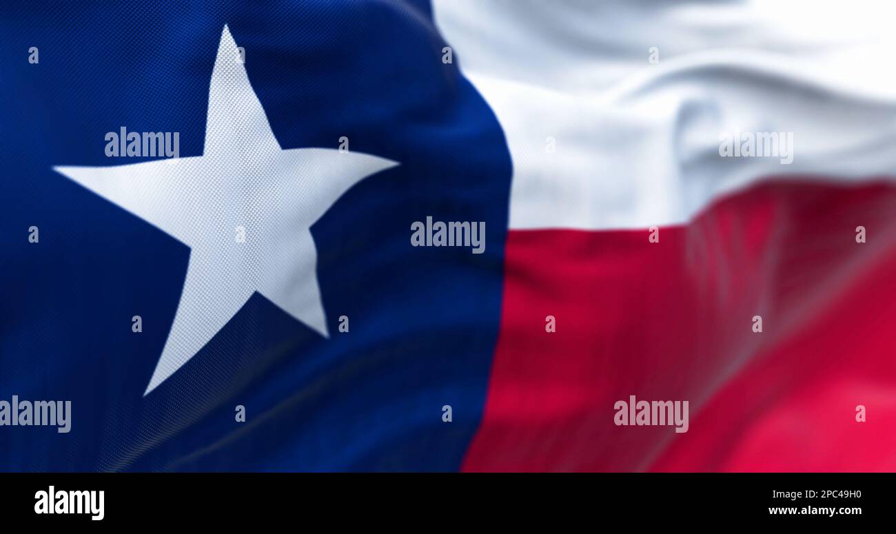 The Texas state flag fluttering in the wind. Blue vertical stripe with