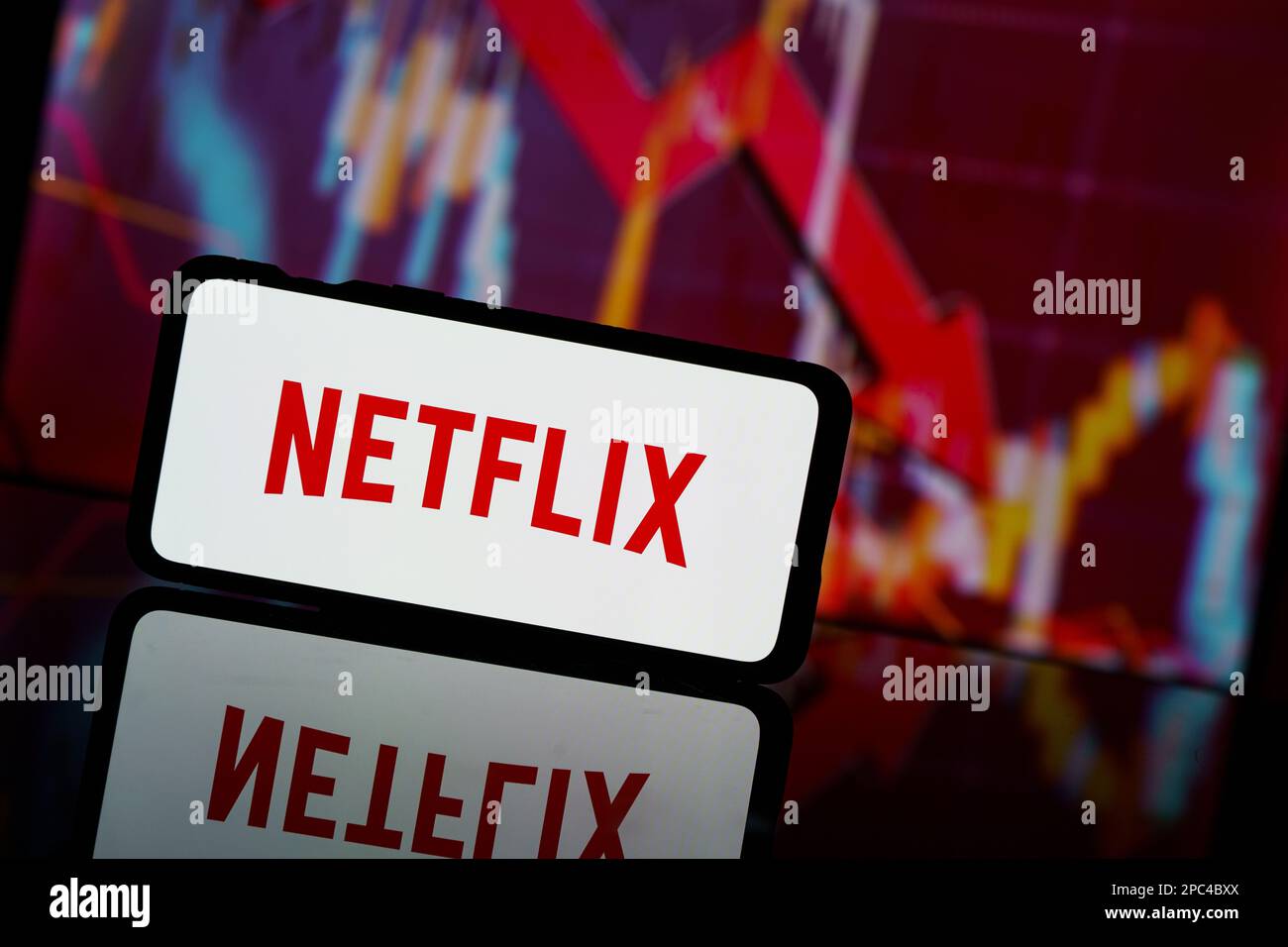Paris, France - 2023 March 13: Netflix company shares go down at stock