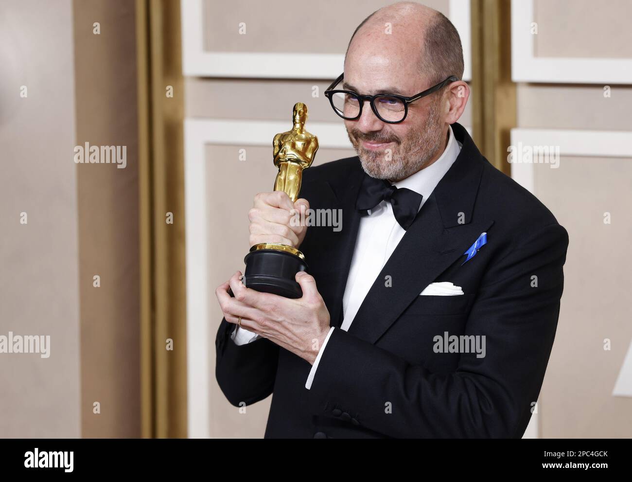 Edward Berger, winner of the award for Best International Feature Film for 'All Quiet on the Western Front, appears backstage with his Oscar during the 95th annual Academy Awards at Loews Hollywood Hotel in the Hollywood section of Los Angeles on Sunday, March 12, 2023. Photo by John Angelillo/UPI Stock Photo