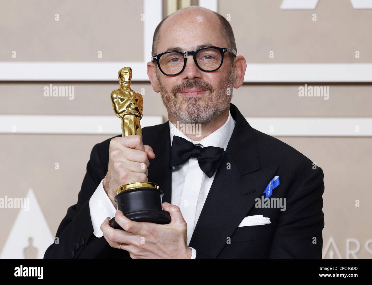 Edward Berger, winner of the award for Best International Feature Film for 'All Quiet on the Western Front, appears backstage with his Oscar during the 95th annual Academy Awards at Loews Hollywood Hotel in the Hollywood section of Los Angeles on Sunday, March 12, 2023. Photo by John Angelillo/UPI Stock Photo