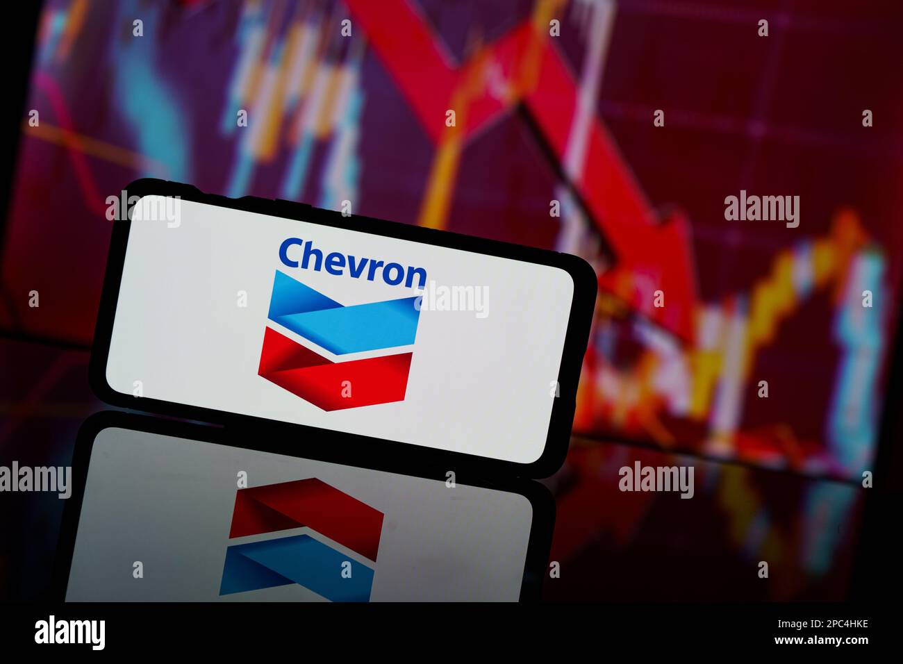 Paris, France 2023 March 13 Chevron company shares go down at stock