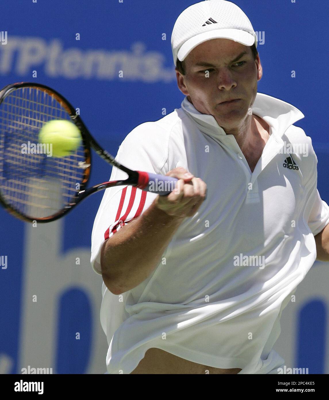 Russia's Evgeny Korolev plays a forehand shot in his quarter-final match  against American James Blake at the Sydney International tennis tournament  in Sydney, Australia, Thursday, Jan. 11, 2007. Blake won the match