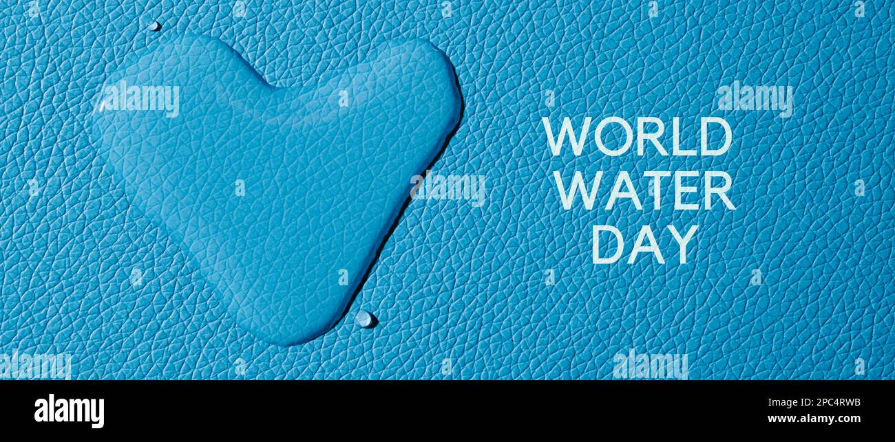 a heart-shaped drop of water and the text world water day on a blue ...