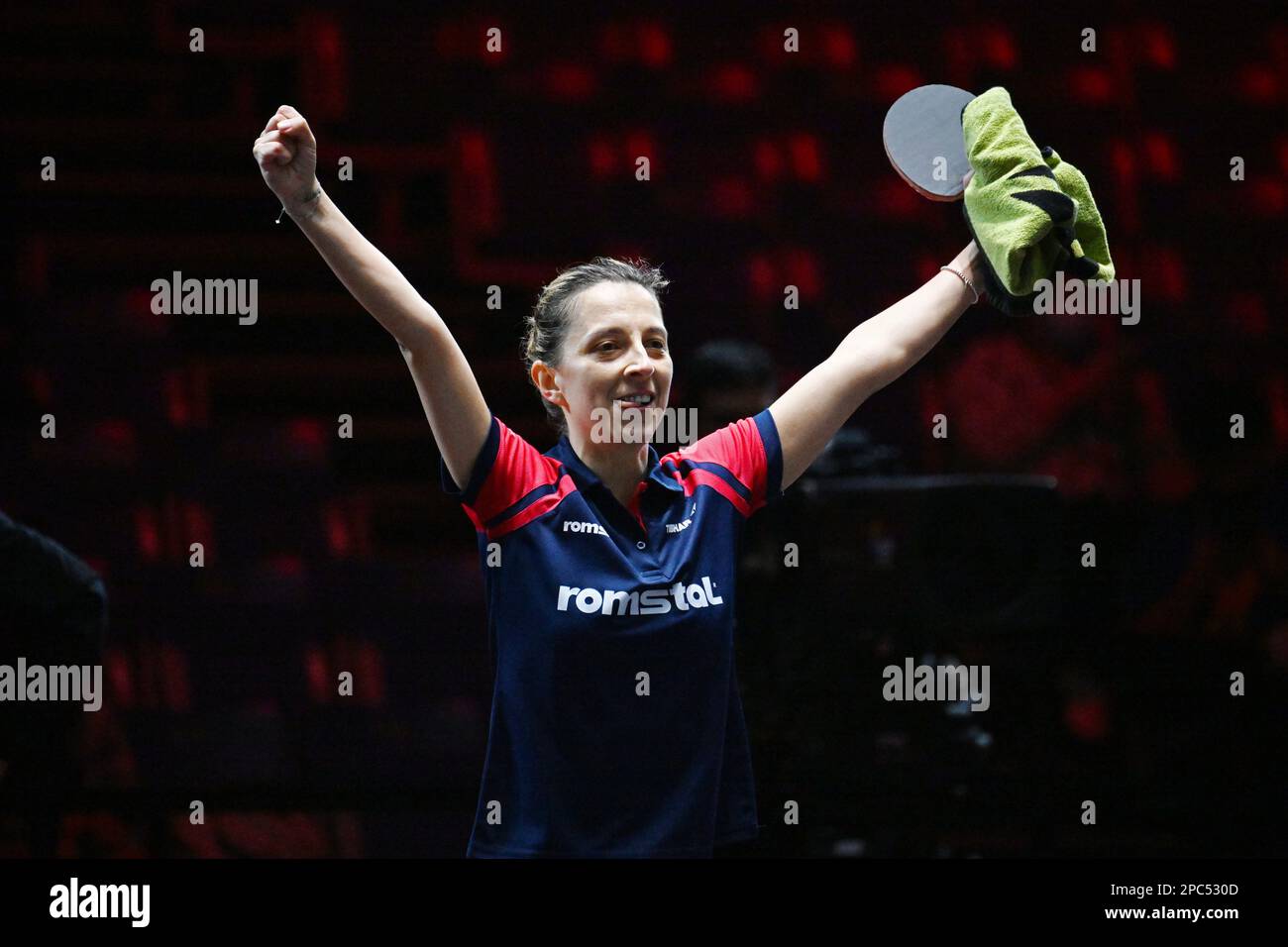 Singapore. 13th Mar, 2023. Elizabeta Samara of Romania celebrates winning the women's singles round of 32 match against Chen Meng of China at the World Table Tennis (WTT) Singapore Smash in Singapore, March 13, 2023. Credit: Then Chih Wey/Xinhua/Alamy Live News Stock Photo