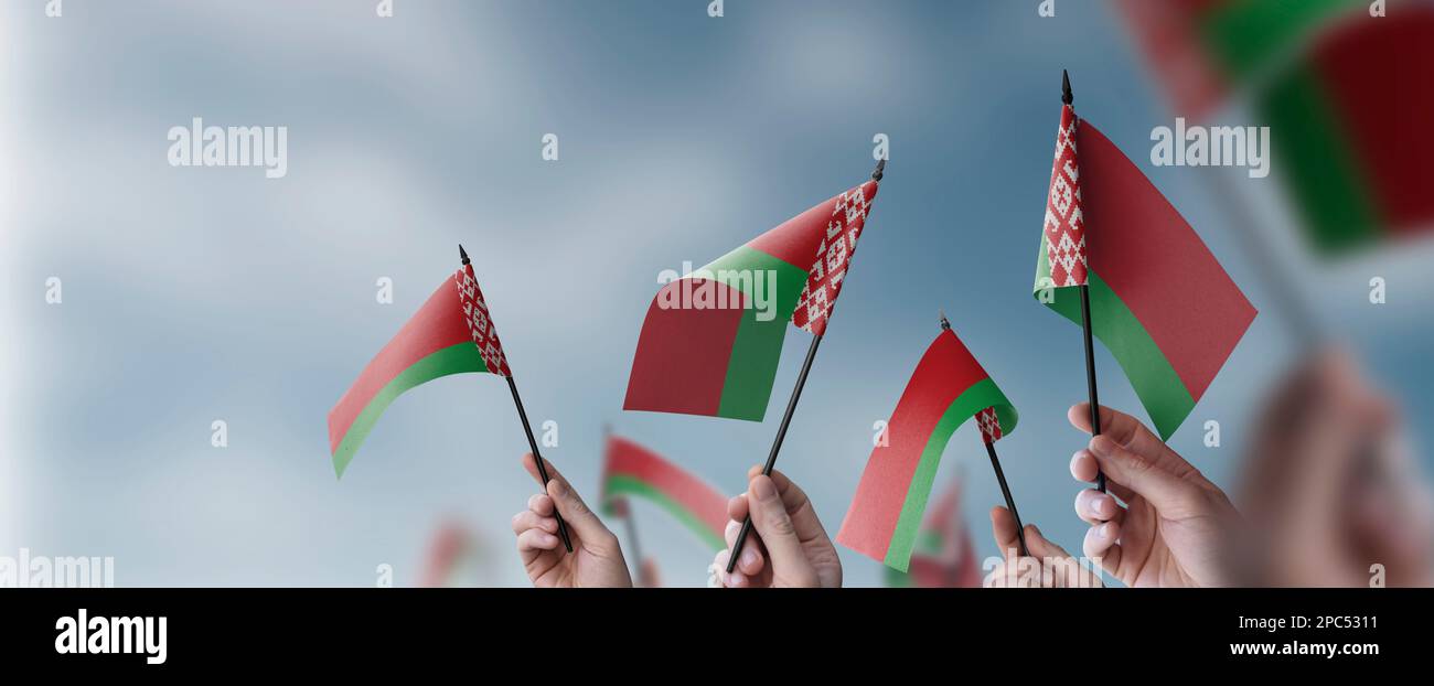 A group of people holding small flags of the Belarus in their hands. Stock Photo