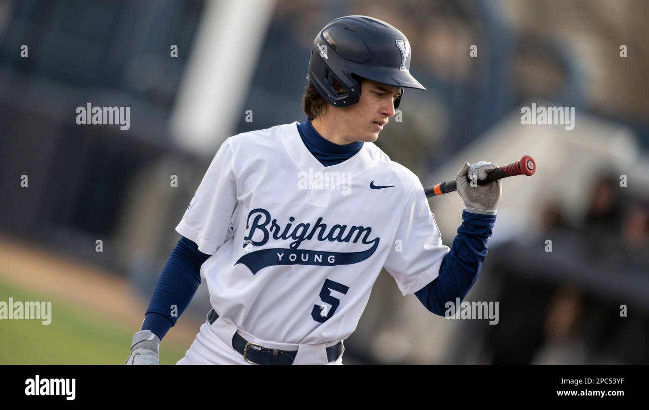 BYU infielder Ozzie Pratt (5) looks back at the umpire during an NCAA