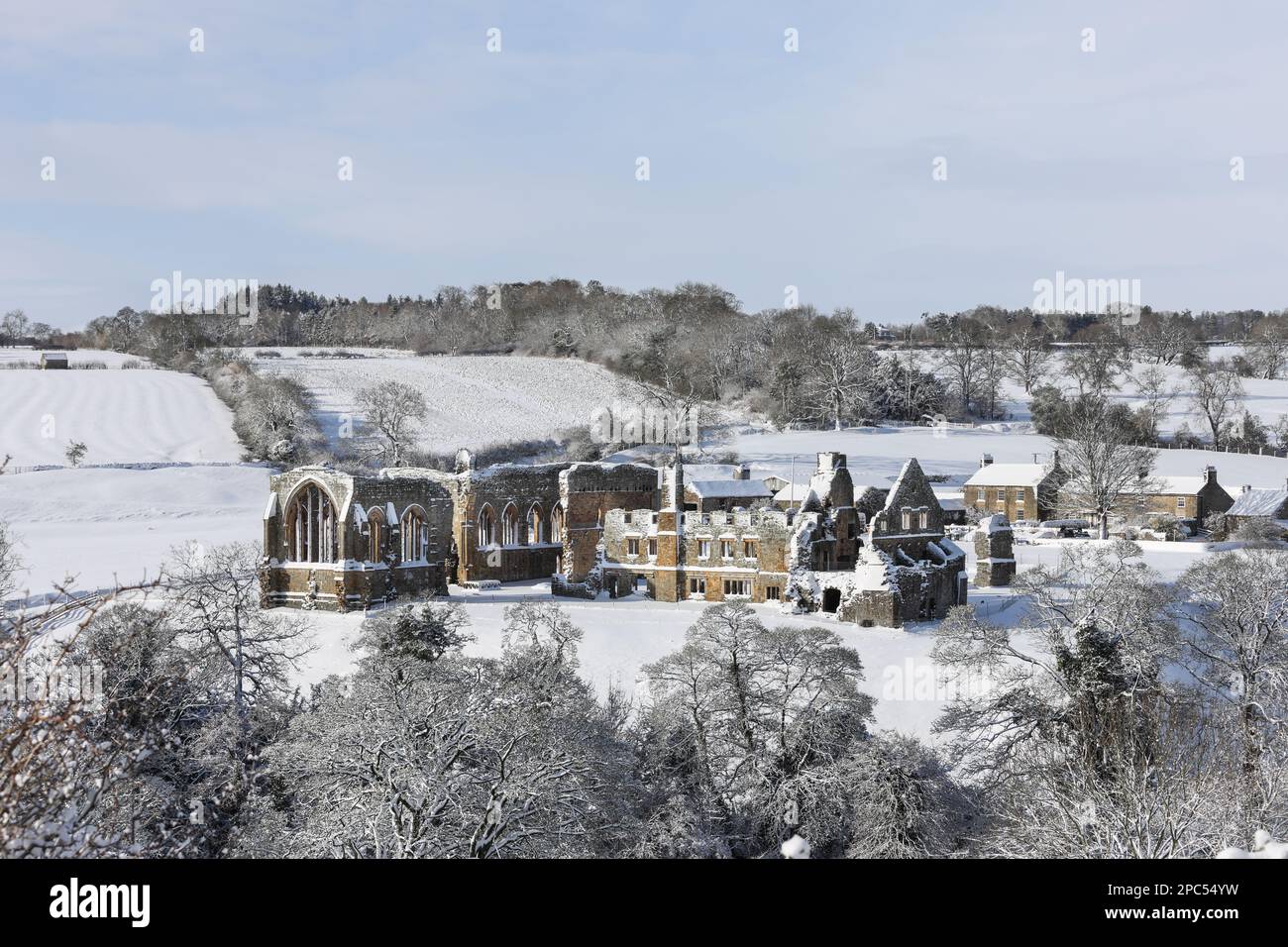 Egglestone Abbey Winter Scene, Barnard Castle, Teesdale, County Durham, UK Stock Photo