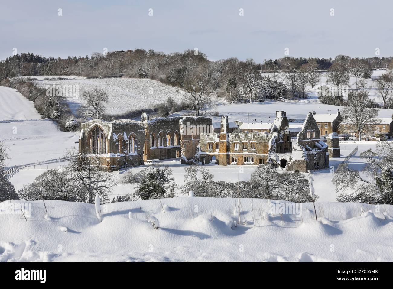Egglestone Abbey Winter Scene, Barnard Castle, Teesdale, County Durham, UK Stock Photo