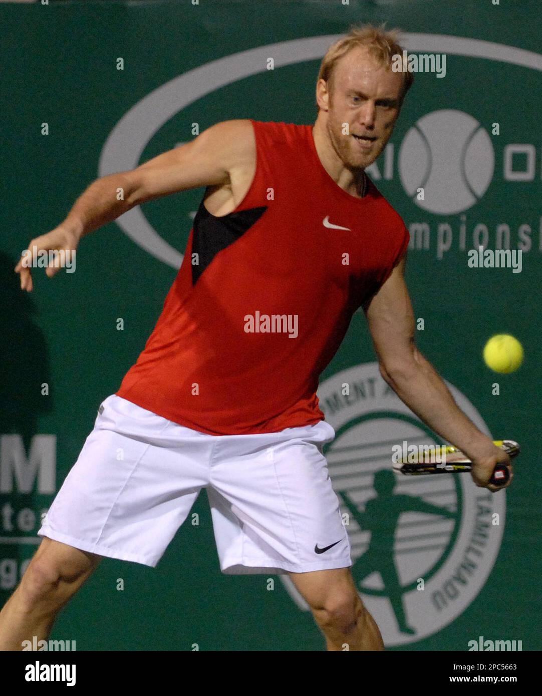 Austria's Stefan Koubek takes a shot against France's Julien Benneteau,  unseen, in the quarter final match of the men's singles final of the ATP  Chennai Tennis Championship in Chennai, India, Friday, Jan.