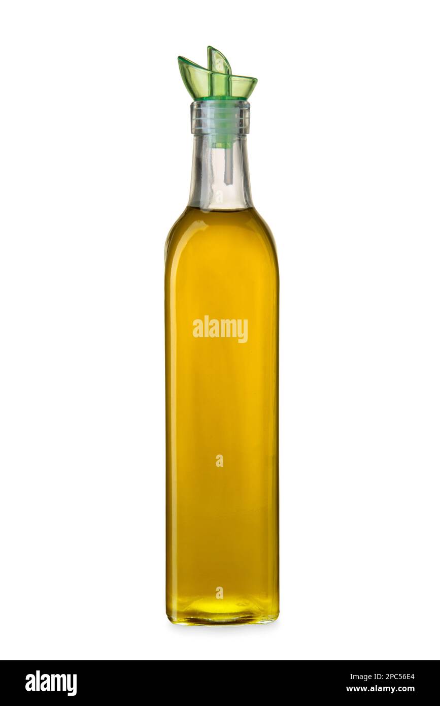 Extra virgin olive oil Bottle with green drip cap, isolated on white