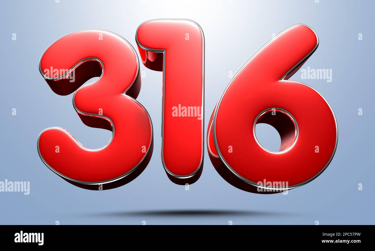 Number 316 red 3D illustration on light blue background have work path ...
