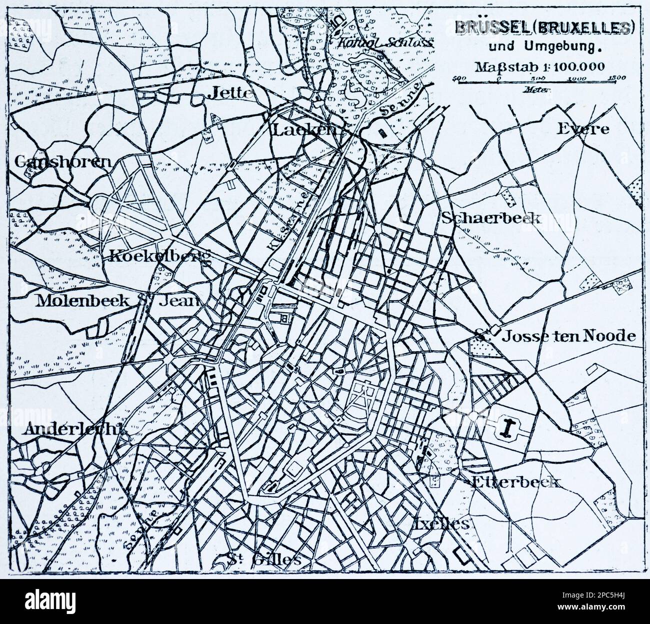 City map of Brussels and its surroundings, capital city of Brussels, Belgium, Western Europe, illustration 1896 Stock Photo