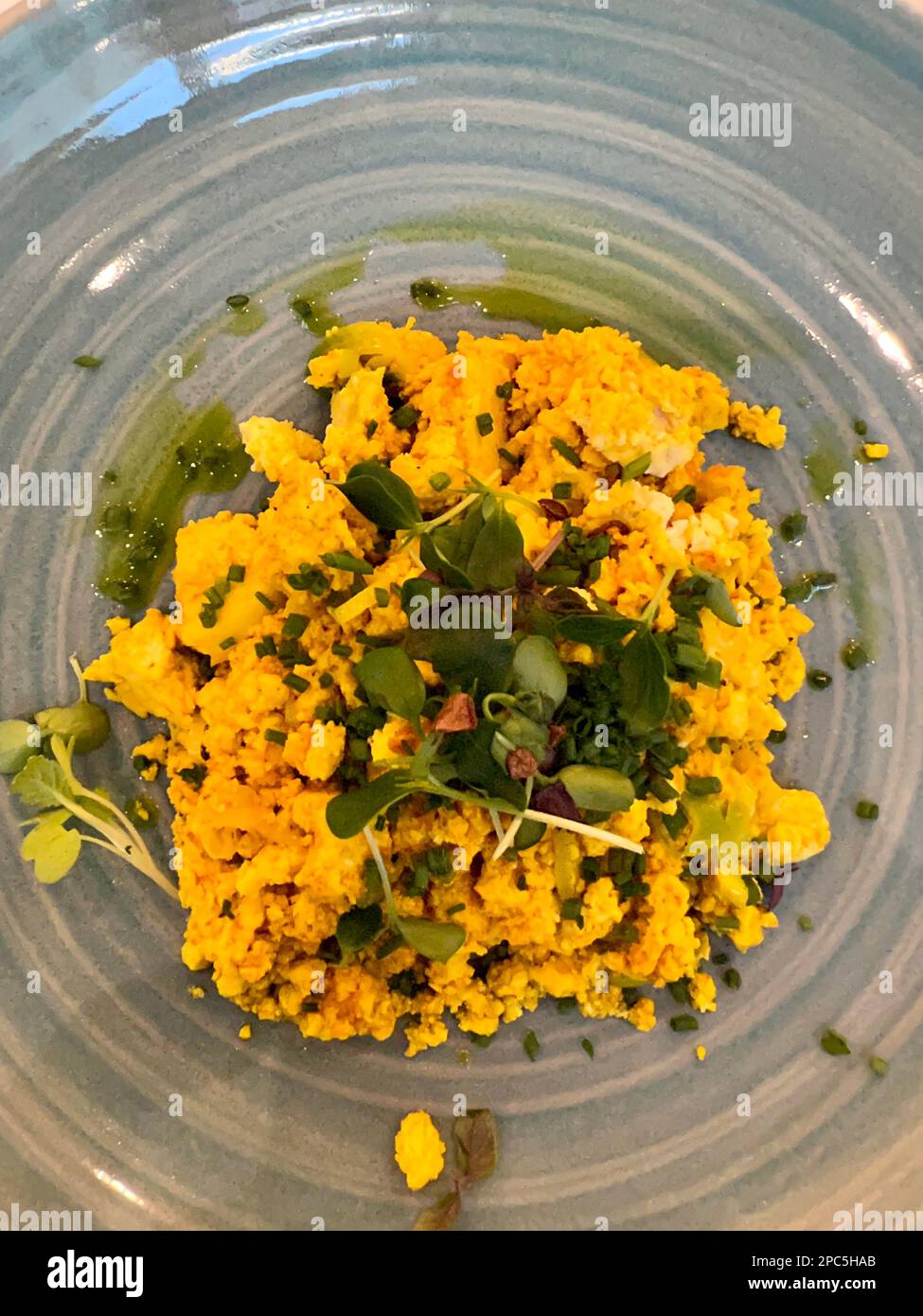 Tofu scramble with micro herbs on a translucent plate, taken from above and in a restaurant. Stock Photo