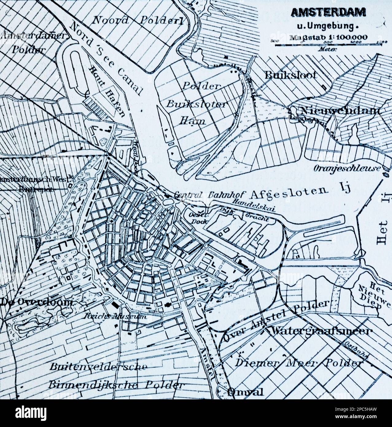 City map of Amsterdam and its surroundings, capital city of Amsterdam, Netherlands, Western Europe,, illustration 1896 Stock Photo