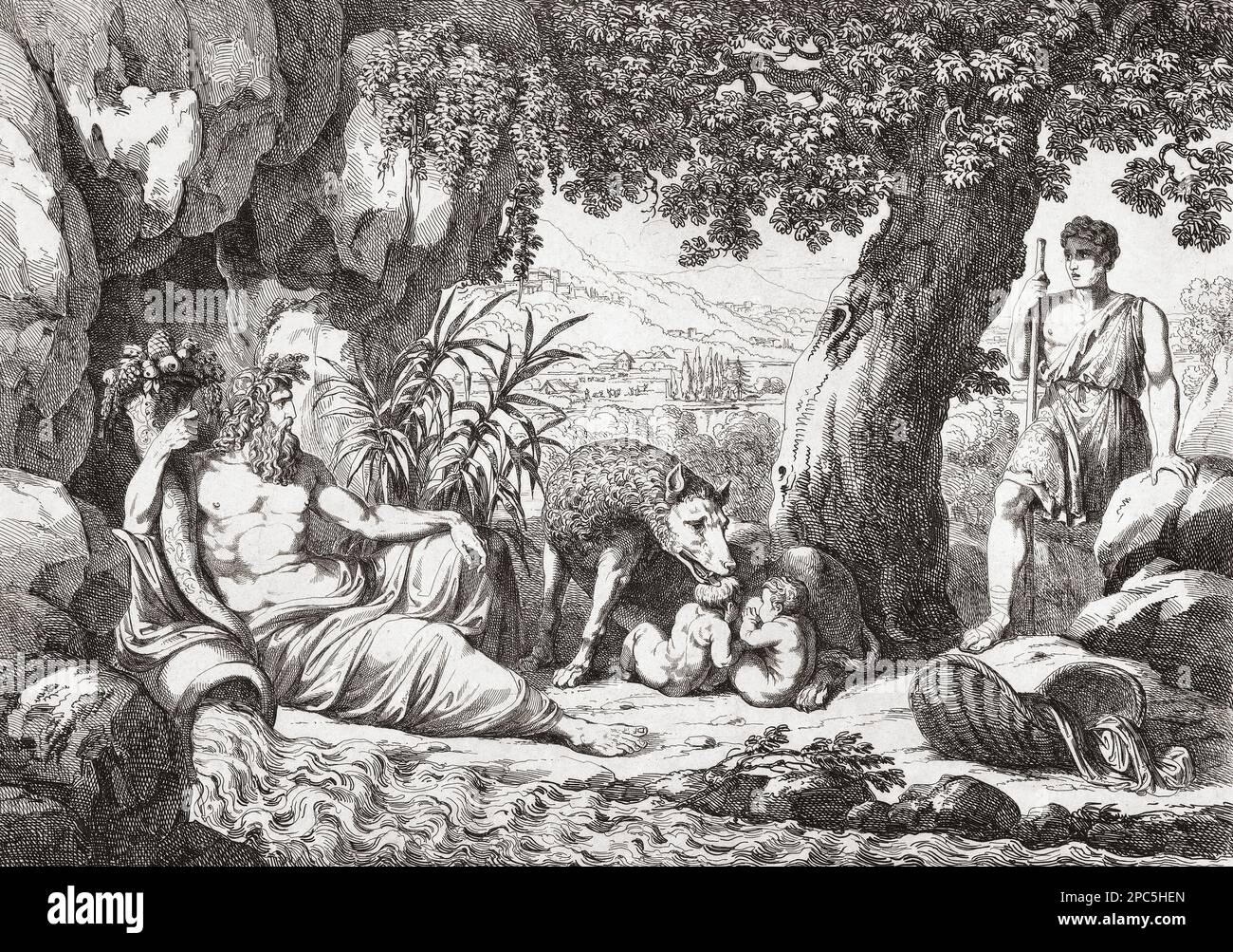 Romulus and Remus are discovered by the shepherd Faustulus being suckled by the she-wolf which had saved the twins lives when they were abandoned.  The god Mars, said to have been their father, watches.  After a 19th century work by Bartolomeo Pinelli. Stock Photo