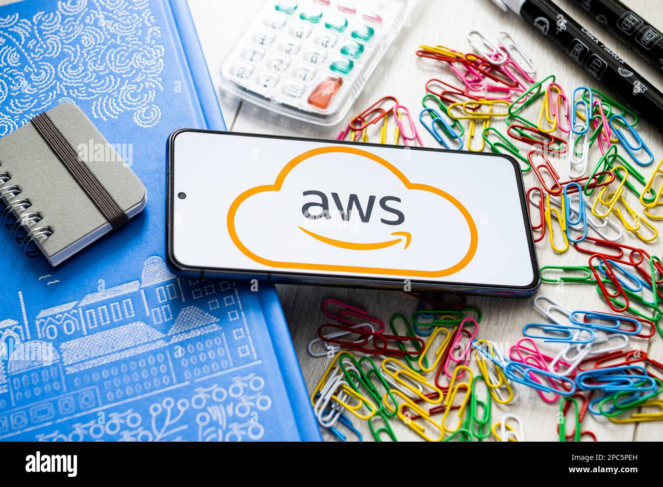 In this photo illustration a Amazon AWS logo seen displayed on a smartphone. Stock Photo