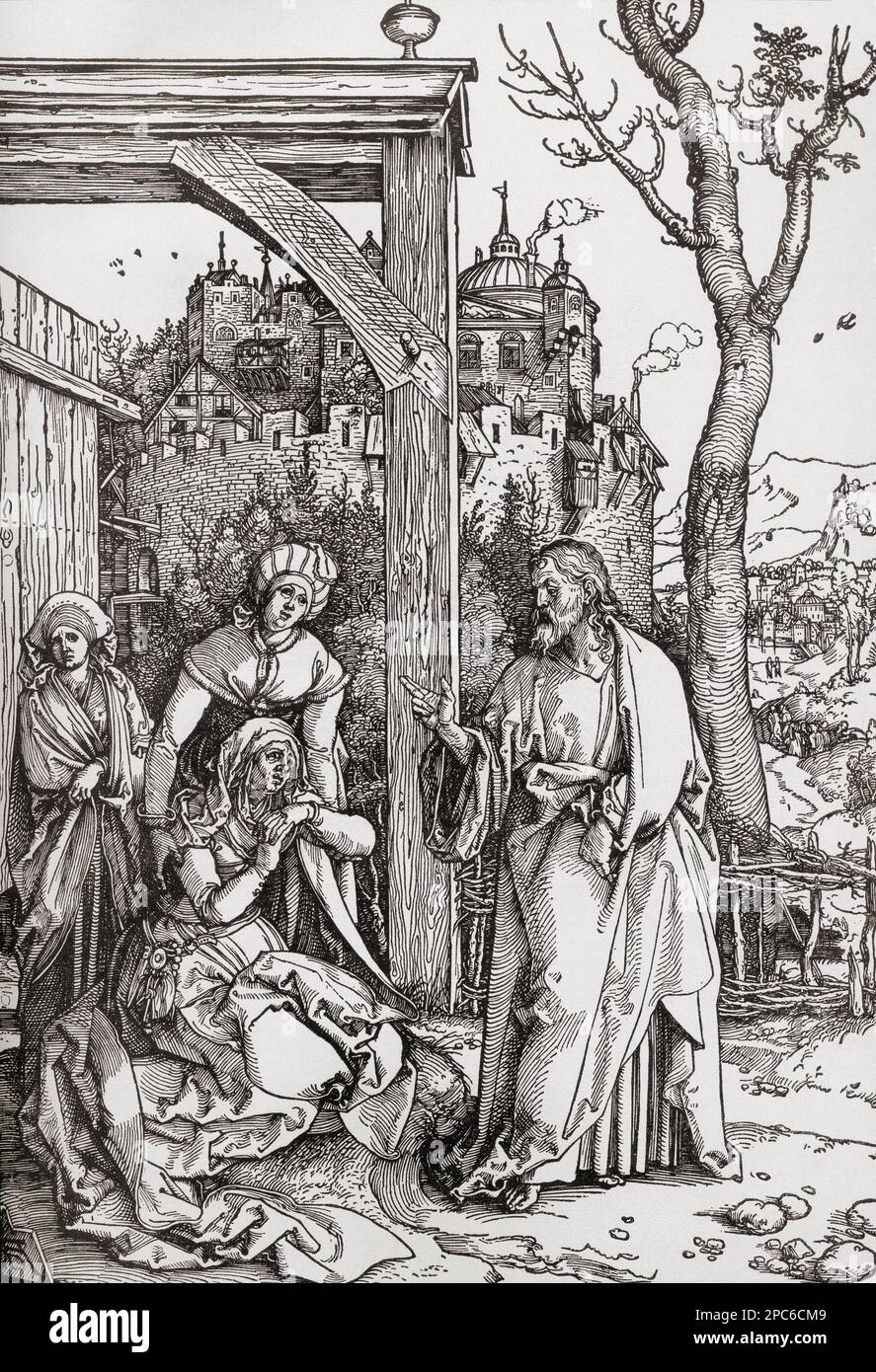 Christ Taking Leave from His Mother, after the work by Albrecht Dürer, 1471 – 1528, sometimes spelled in English as Durer.  German painter, printmaker, and theorist of the German Renaissance.  From Albrecht Dürer, Sein Leben und eine Auswahl seiner Werke or His life and a selection of his works, published 1928. Stock Photo