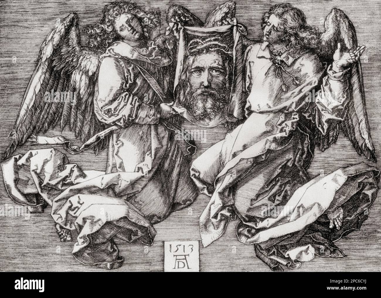 Sudarium Displayed by Two Angels (Sudarium of St Veronica), after the work by Albrecht Dürer, 1471 – 1528, sometimes spelled in English as Durer.  German painter, printmaker, and theorist of the German Renaissance.  From Albrecht Dürer, Sein Leben und eine Auswahl seiner Werke or His life and a selection of his works, published 1928. Stock Photo