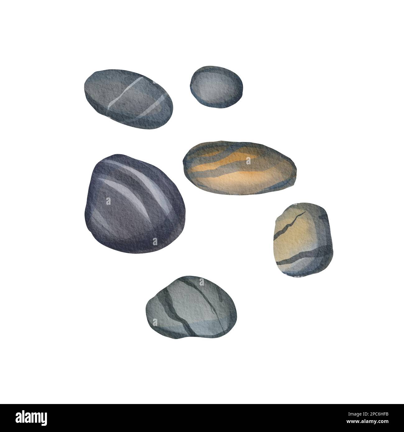 A set of sea stones of different sizes isolated on a white background. Watercolor illustration of gray, striped stones. The underwater bottom. Aquariu Stock Photo