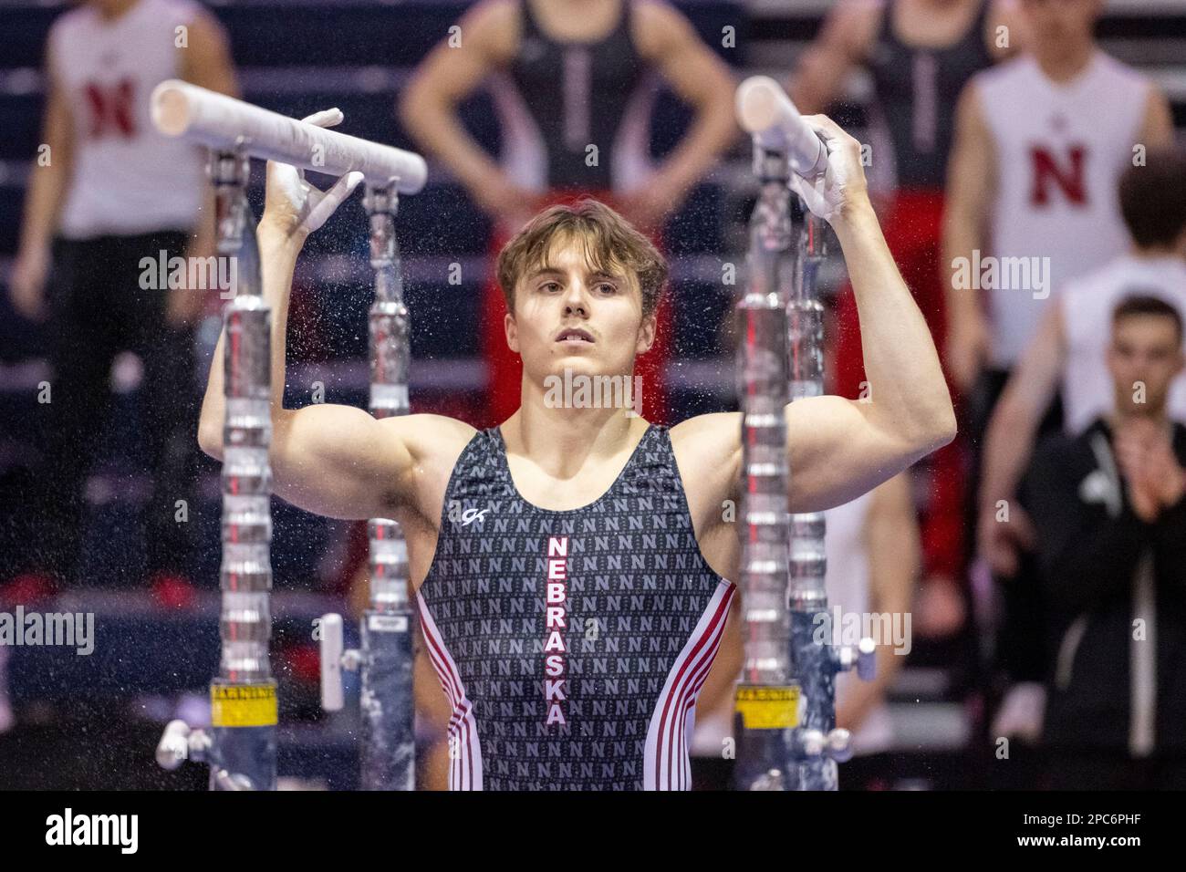 Nebraska gymnast Taylor Christopulos competes on the parallel bars of