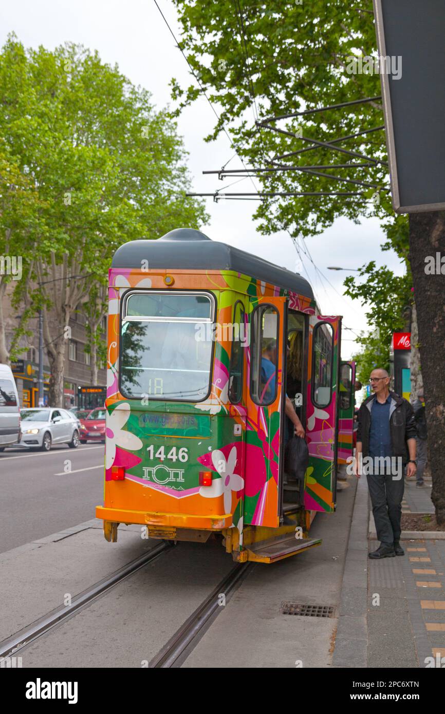 Belgrade, Serbia - May 24 2019: Tramway of the Line 18 stopping in the city center to let passengers hop in and out. Stock Photo