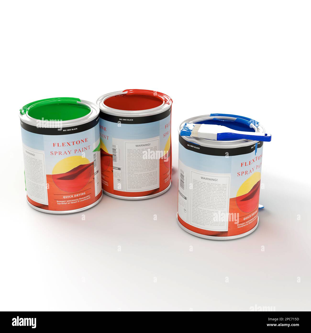 3 white buckets of paint on plain background, 3D render illustration ...
