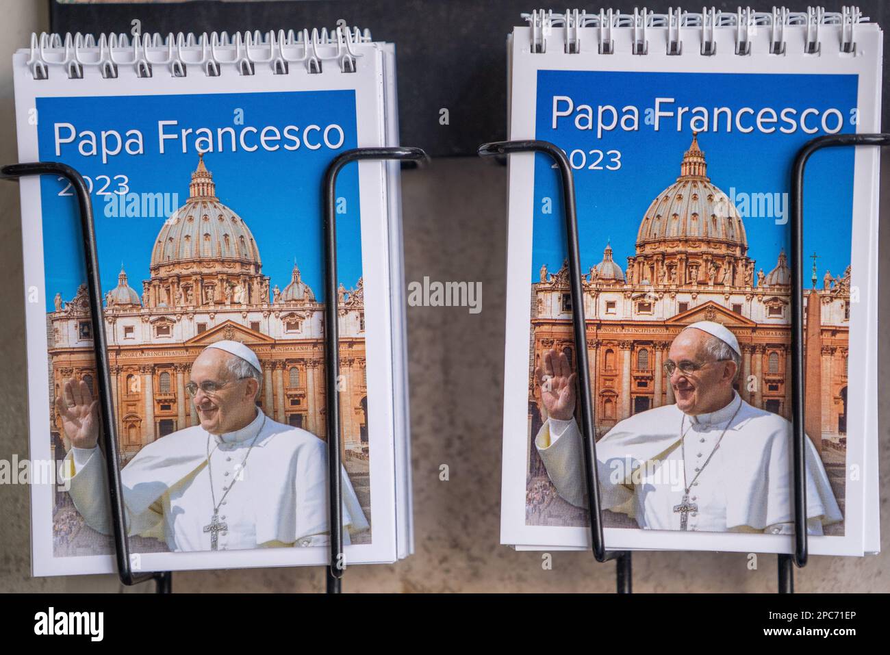 Rome, Italy. 13 March 2023. Calendars with a portrait of pope Francis