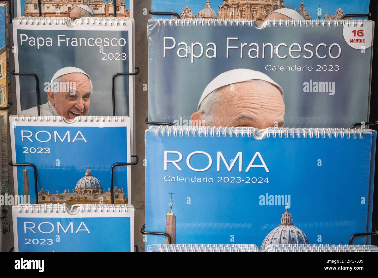 Rome, Italy. 13 March 2023. Calendars with a portrait of pope Francis