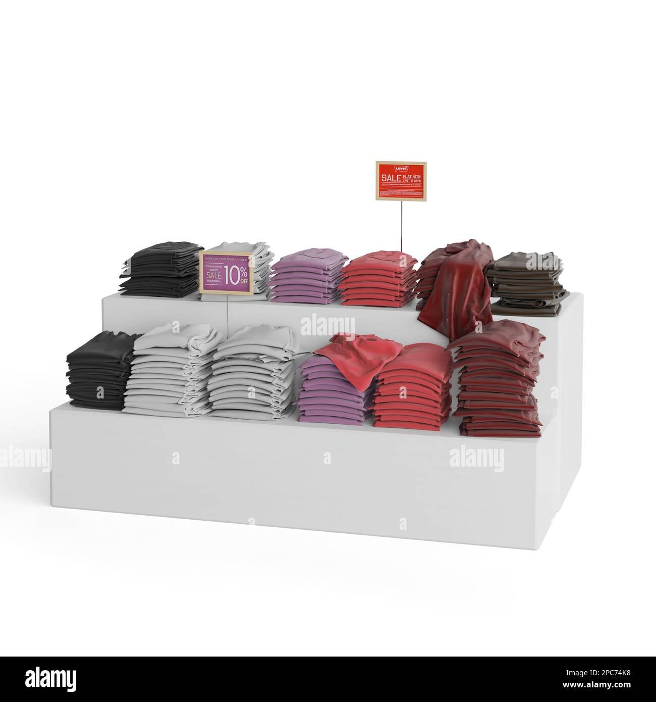3D render of store display case with clothing & price sign Stock Photo
