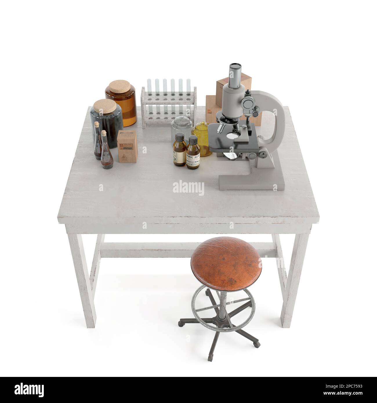 Desk with lab equipment 3D rendering, scientific workplace setup Stock Photo