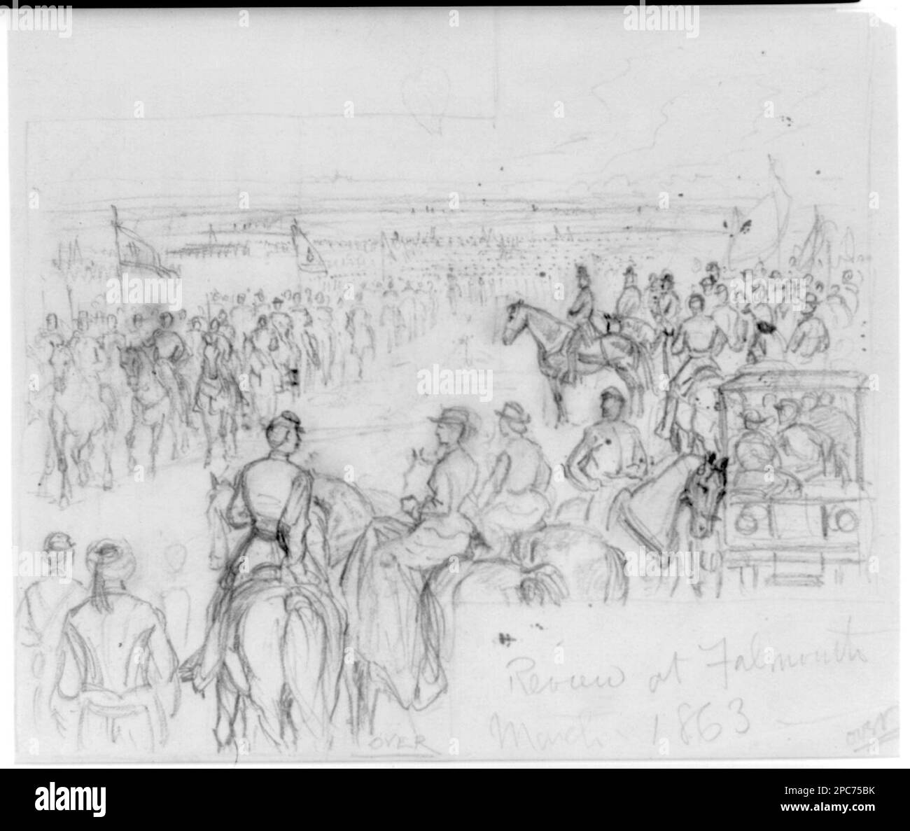 Review at Falmouth. March 1863. Morgan collection of Civil War drawings. Military officers, Union, 1860-1870, Carriages & coaches, 1860-1870, Ships, 1860-1870, Military parades & ceremonies, 1860-1870, Cavalry, Union, 1860-1870, Women, 1860-1870, United States, History, Civil War, 1861-1865, Military personnel, Union, United States, Virginia, Falmouth , United States, Virginia, Rappahannock River Stock Photo
