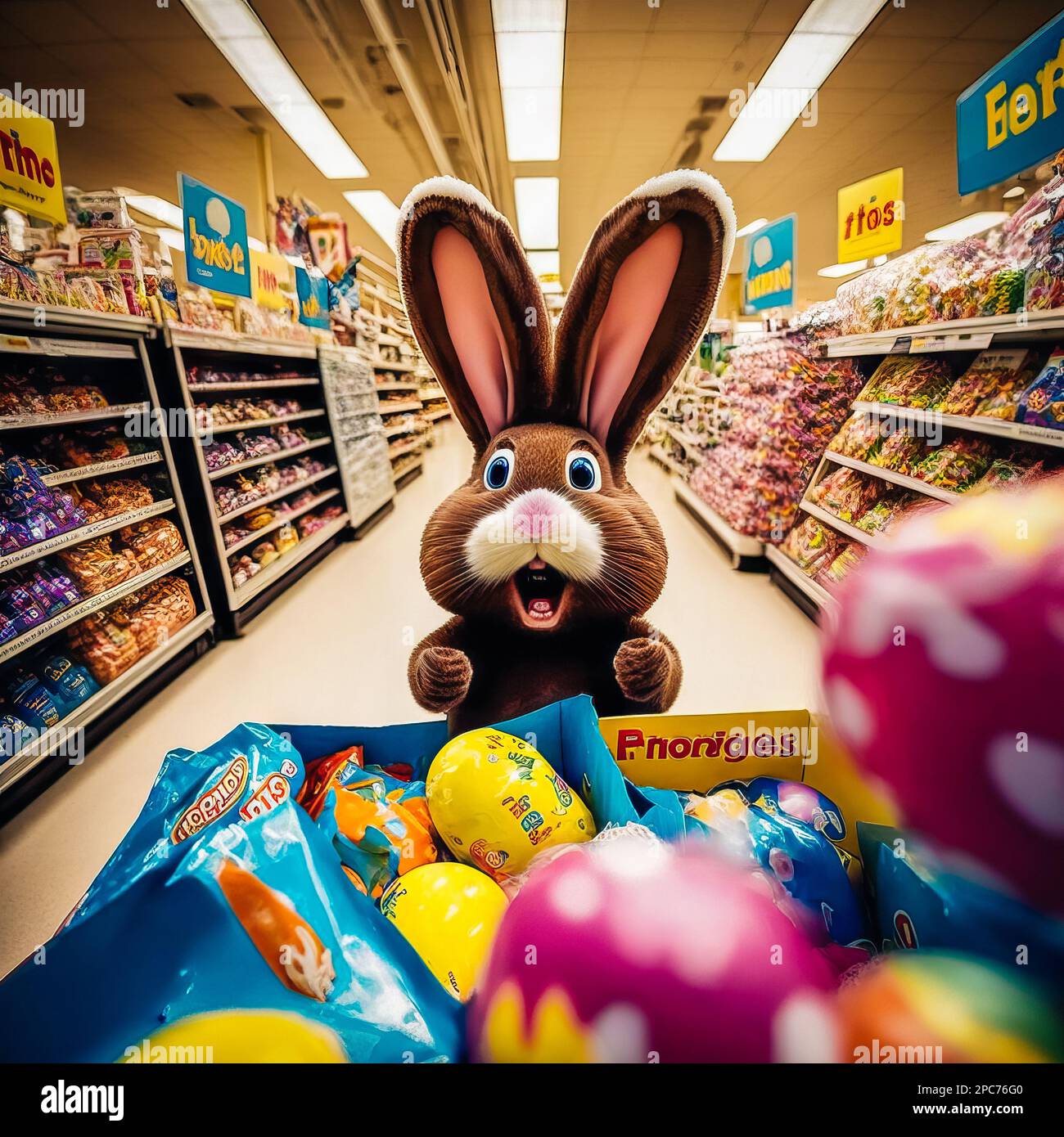an Easter bunny on a mission to find the perfect Easter eggs. The bunny is  captured in a realistic photographic style using a wide-angle lens, giving  Stock Photo - Alamy