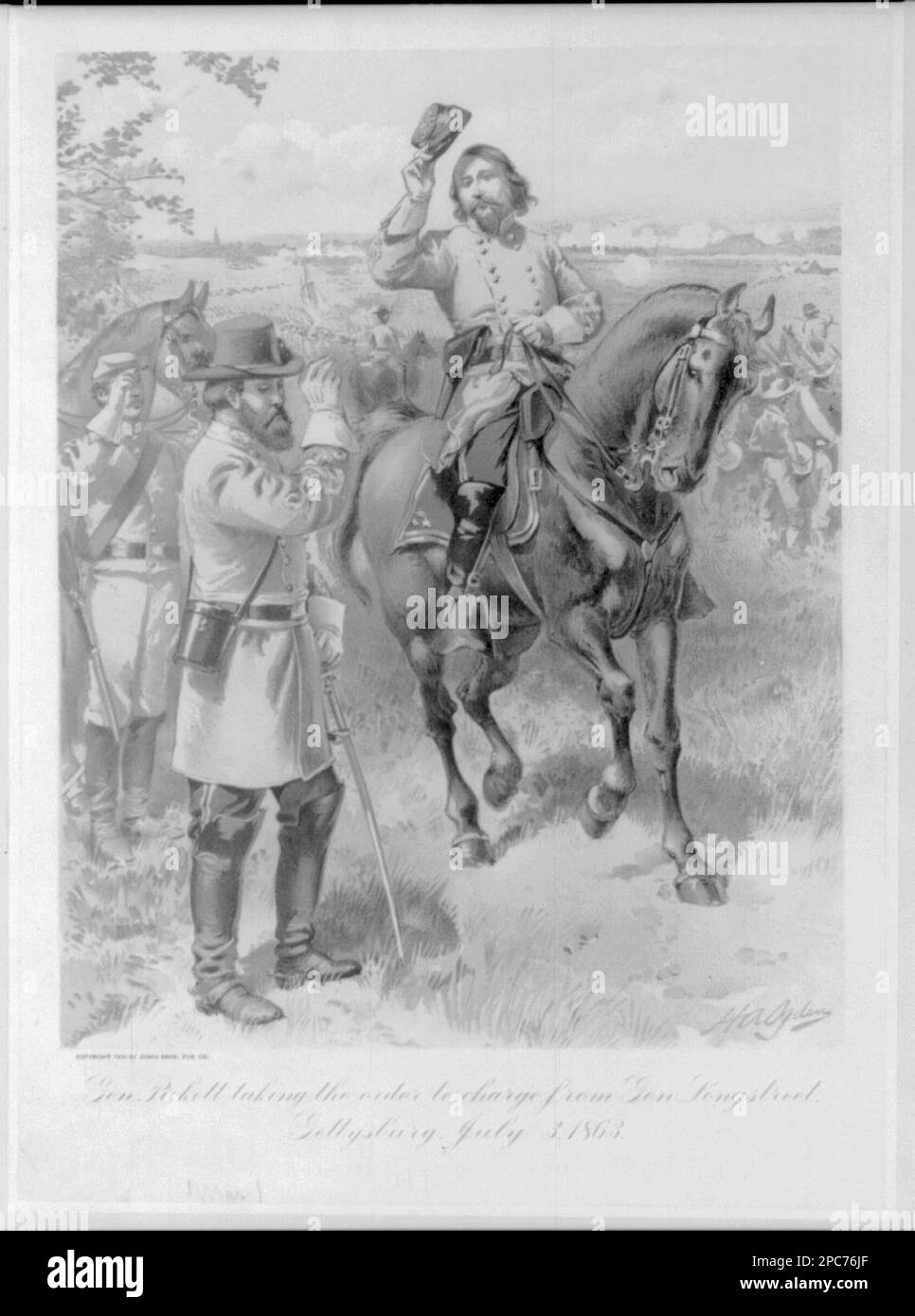 General Pickett taking the order to charge from General Longstreet, Gettysburg, July 3, 1864 / H.A. Ogden.. D4750 U.S. Copyright Office, Title from item, Signed on stone on lower right: H.A. Odgen, Printed on lower left: Copyright 1900 by Jones Bros. Pub. Co, Copyright number inscribed in ink on back, Date of copyright deposit stamped on back. Pickett, George E, (George Edward), 1825-1875, Military service, Longstreet, James, 1821-1904, Military service, Gettysburg, Battle of, Gettysburg, Pa, 1863, United States, History, Civil War, 1861-1865, Military personnel, Confederate. Stock Photo
