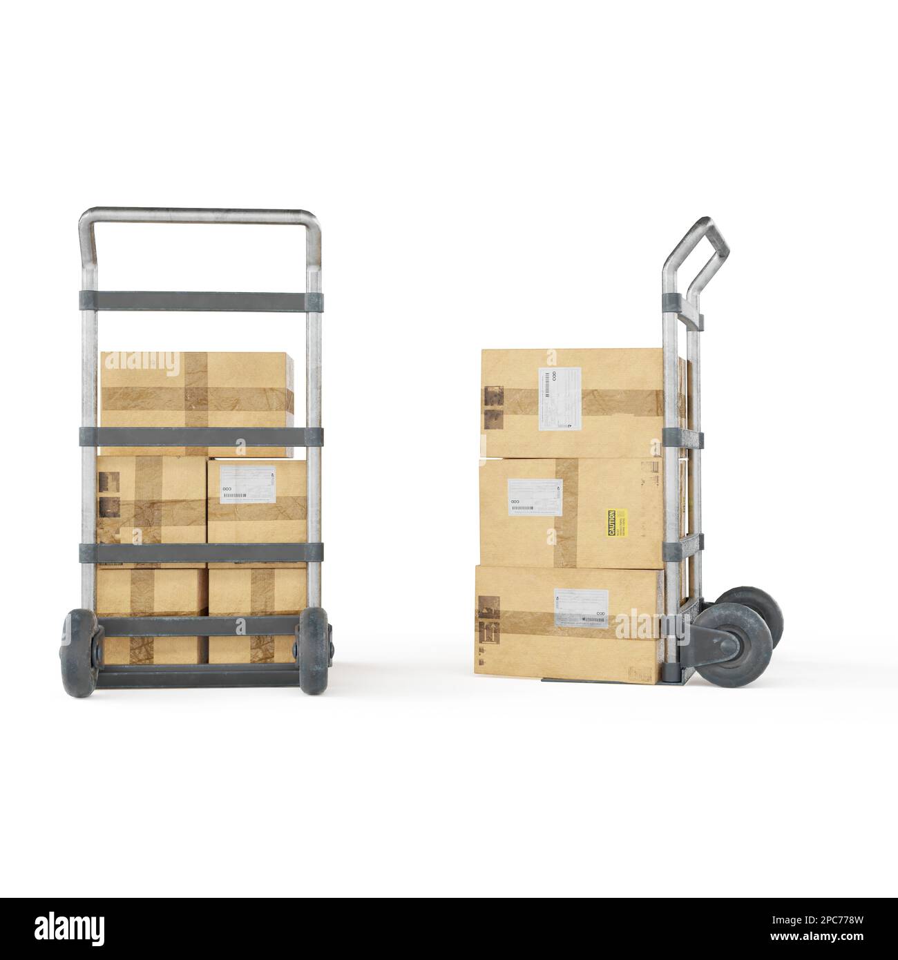 Three pieces of luggage and cart loaded with cardboard boxes, 3D
